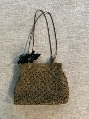Tan Dark Olive Crochet Straw Shoulder Bag